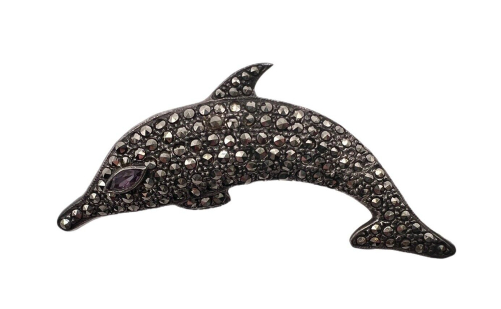 Sterling Silver Paved Marcasite Dolphin Fish Amethyst Eye Signed Brooch Pin 8G